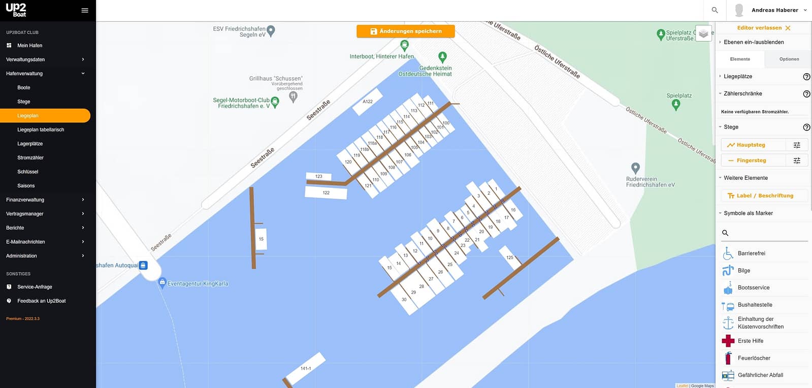 Der grafische Liegeplan Editor von Up2Boat Yachthafenmanagement